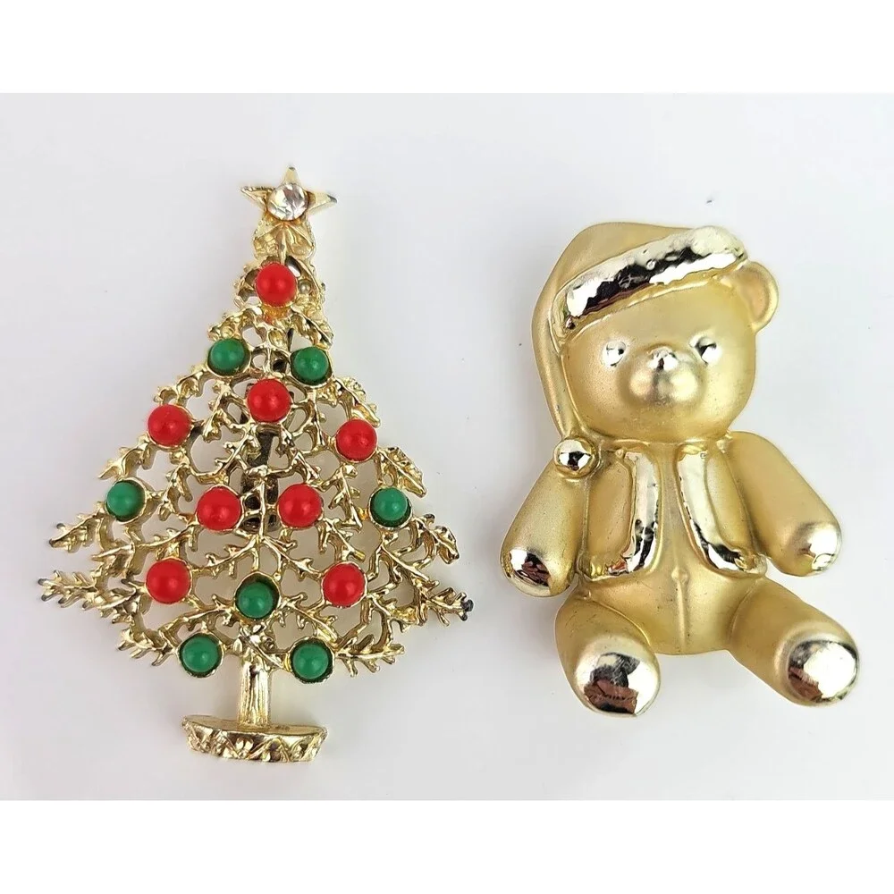 Vintage Gold Tone Holiday Brooch Christmas Tree Brushed Tone Teddy Bear Set of 2
